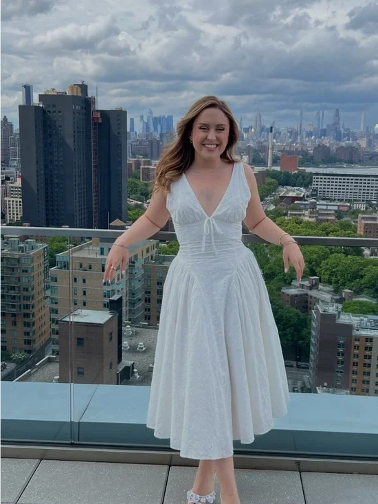 Babyboo Monroe White Eyelet Midi Dress with V-Neck Tie Detail - Picture 2 of 3